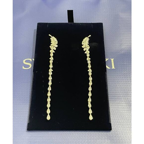 Swarovski Feathers Nice Pierced Earrings White Rhodium Plated Dangle - Picture 3 of 6